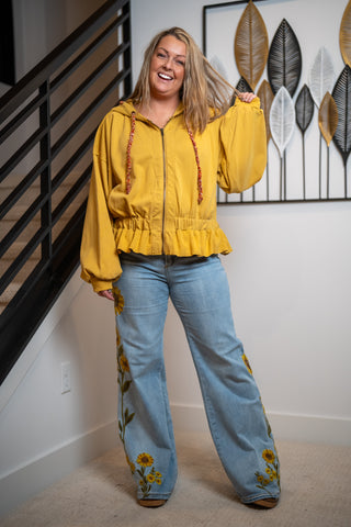 Oli & Hali Washed Zip-Up Hooded Oversized Jacket – Mustard