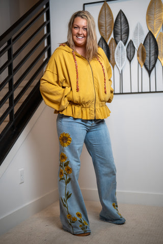 Oli & Hali Washed Zip-Up Hooded Oversized Jacket – Mustard
