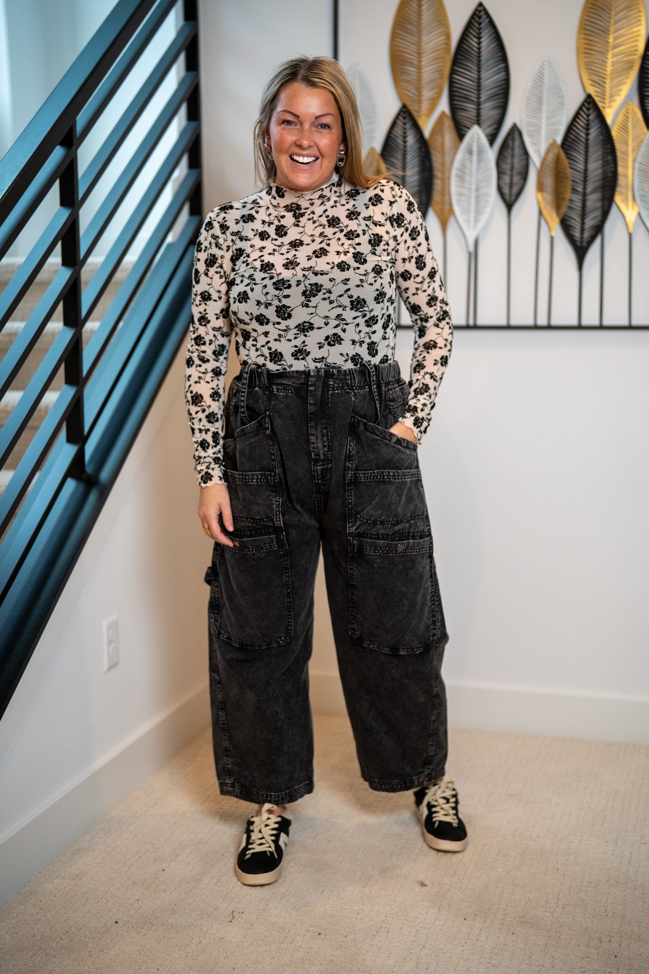 Oli & Hali Long Sleeve Merrow Hem Flocking Flower Mesh Top