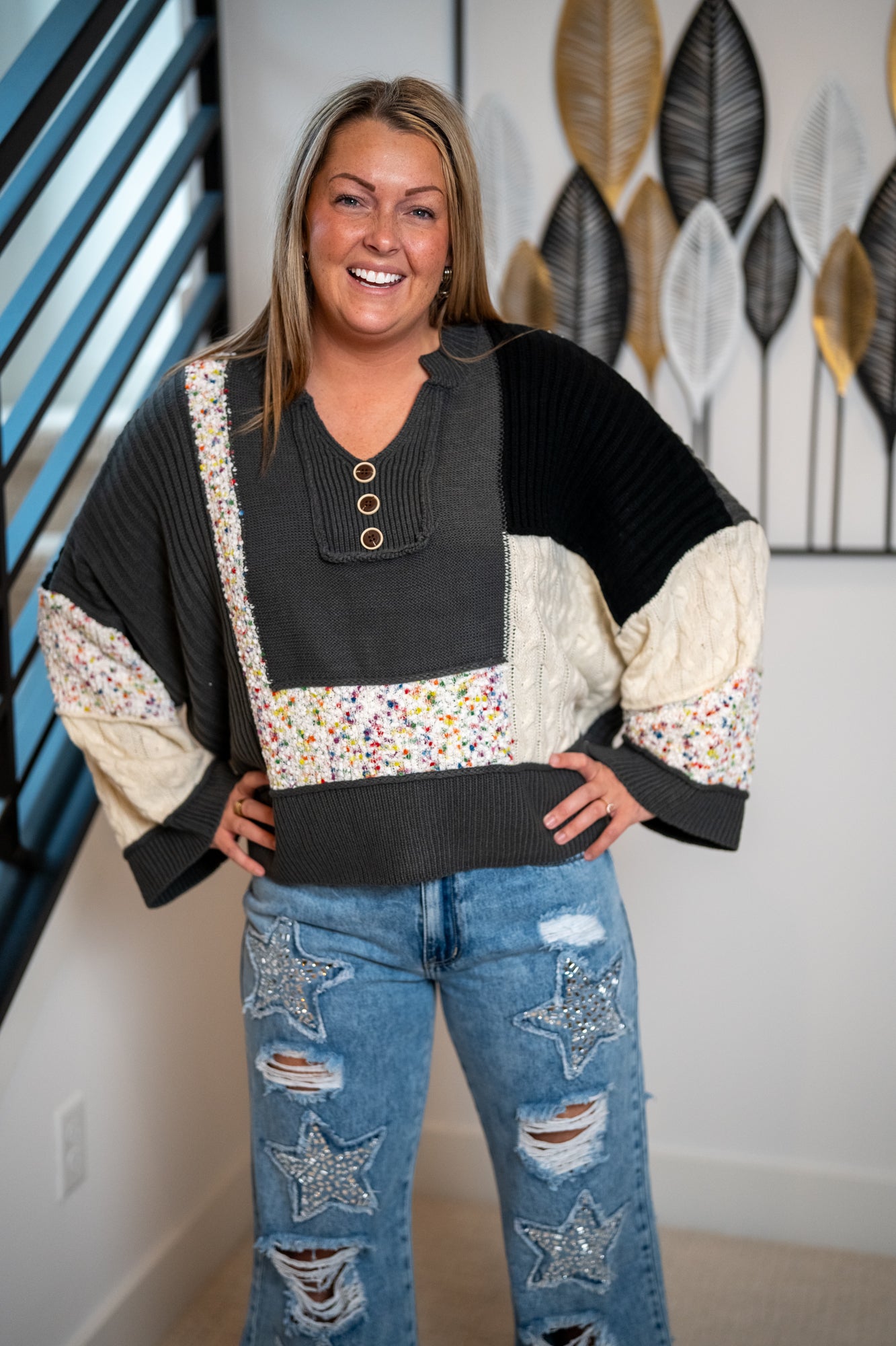 Mello Multi Fabric Color Block Lace Sweater