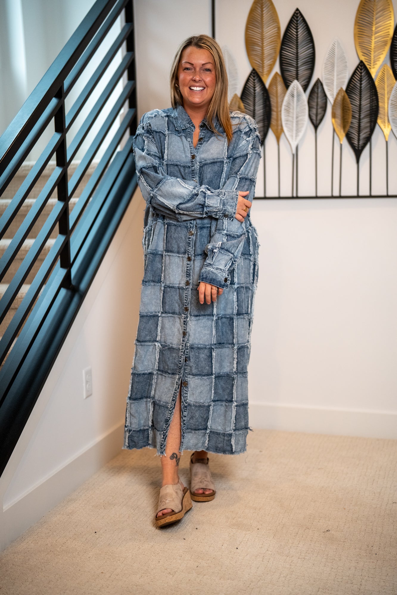 Oli & Hali Washed Square Patchwork Tencel Long Shirt