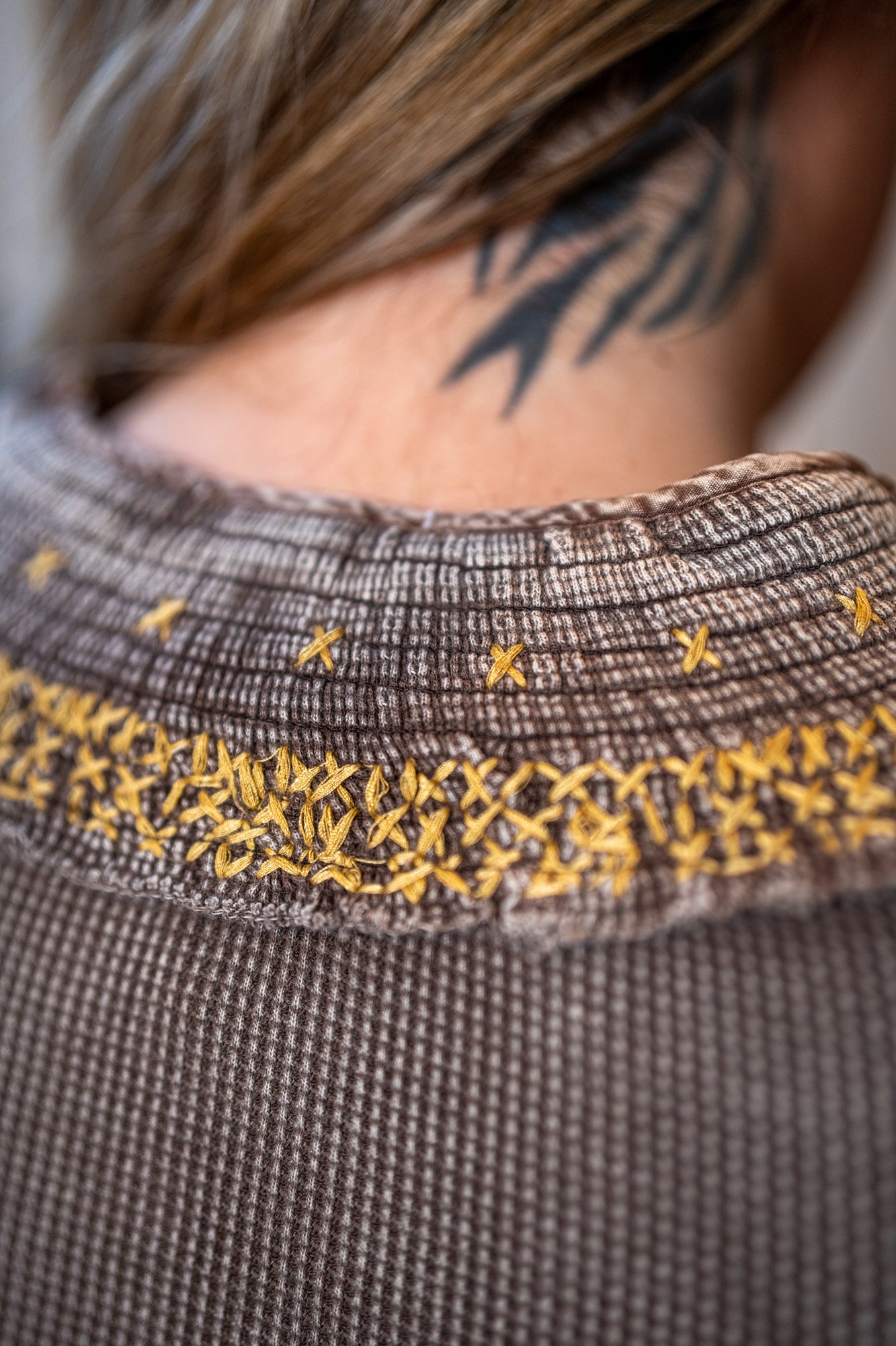 Easel Embroidery Neck Detail Henley Top