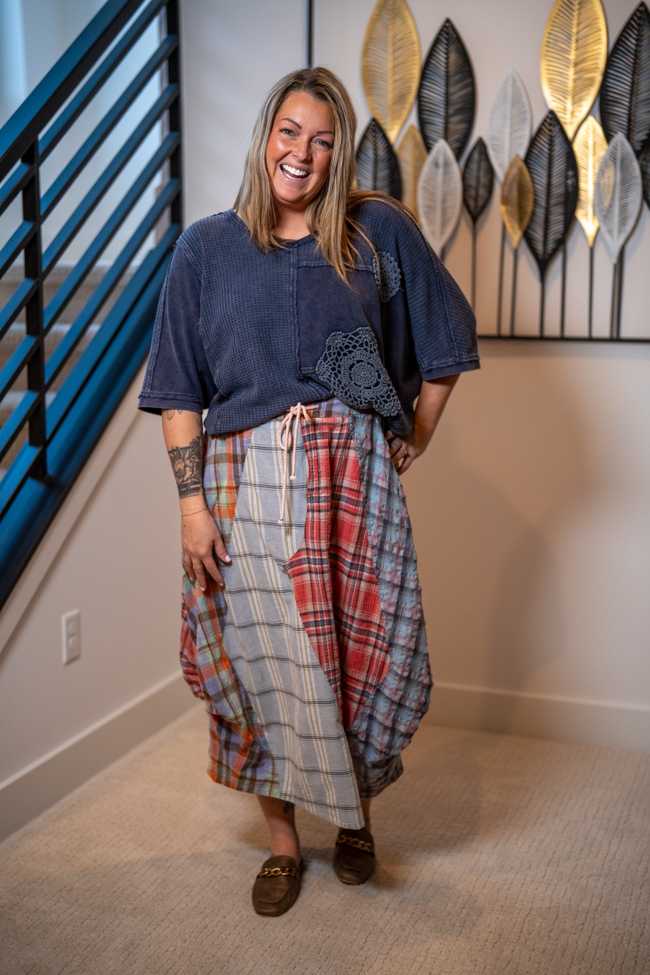 Oli & Hali Washed Plaid Mix Midi Bubble Skirt