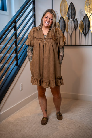 Mocha Ruffle Bottom Chambray Babydoll Dress Easel