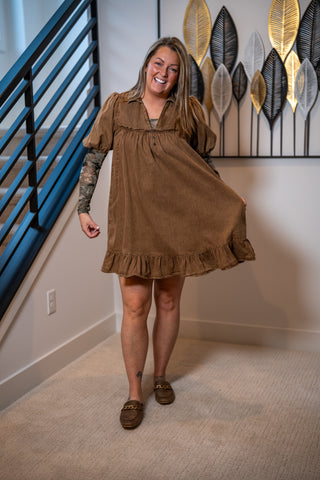 Mocha Ruffle Bottom Chambray Babydoll Dress Easel