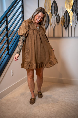 Mocha Ruffle Bottom Chambray Babydoll Dress Easel