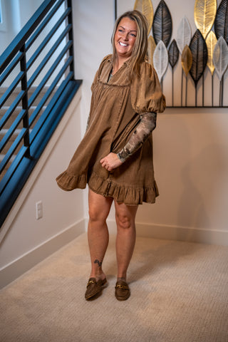 Mocha Ruffle Bottom Chambray Babydoll Dress Easel