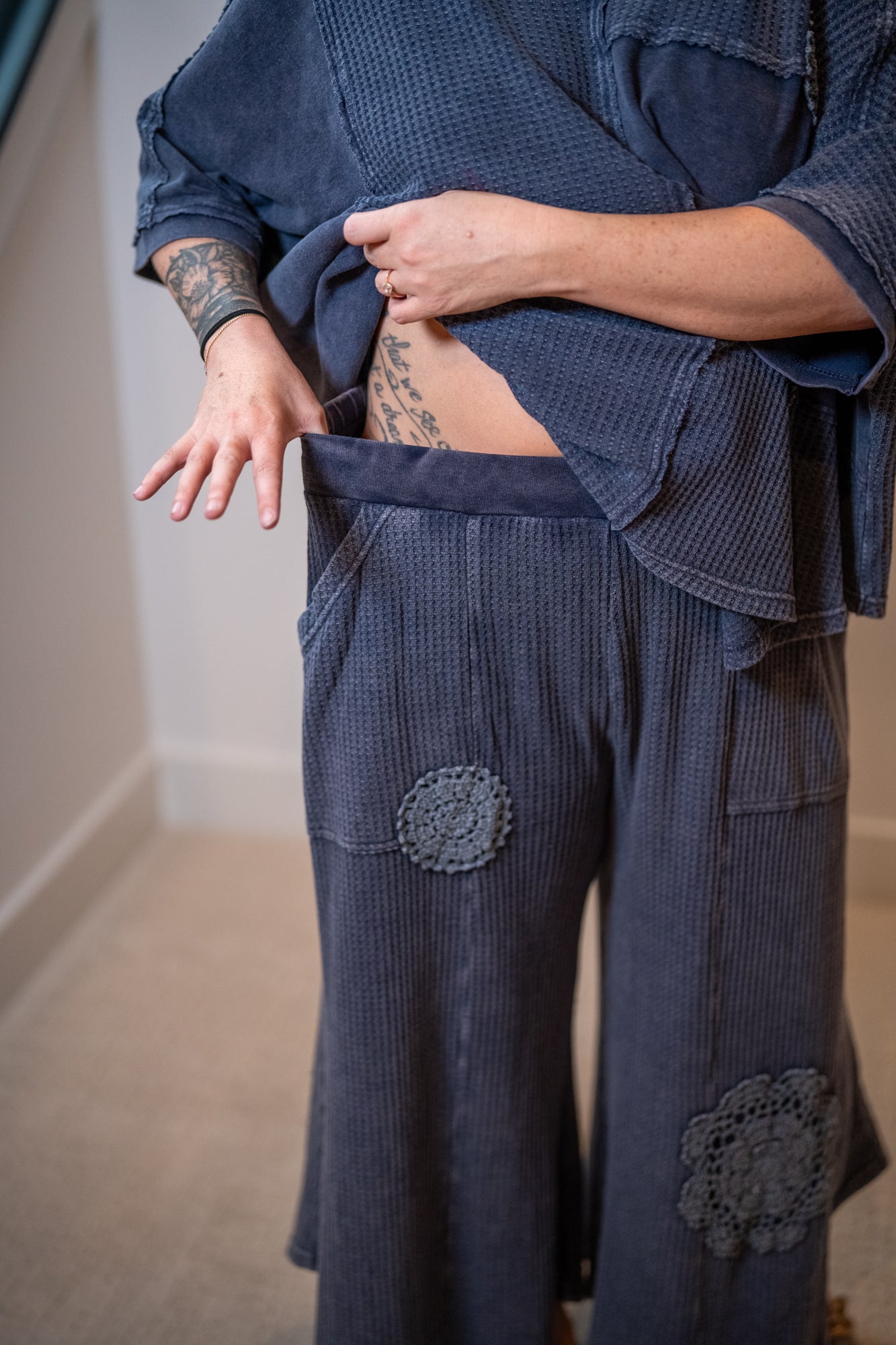 Easel Crochet Patch Thermal Pants