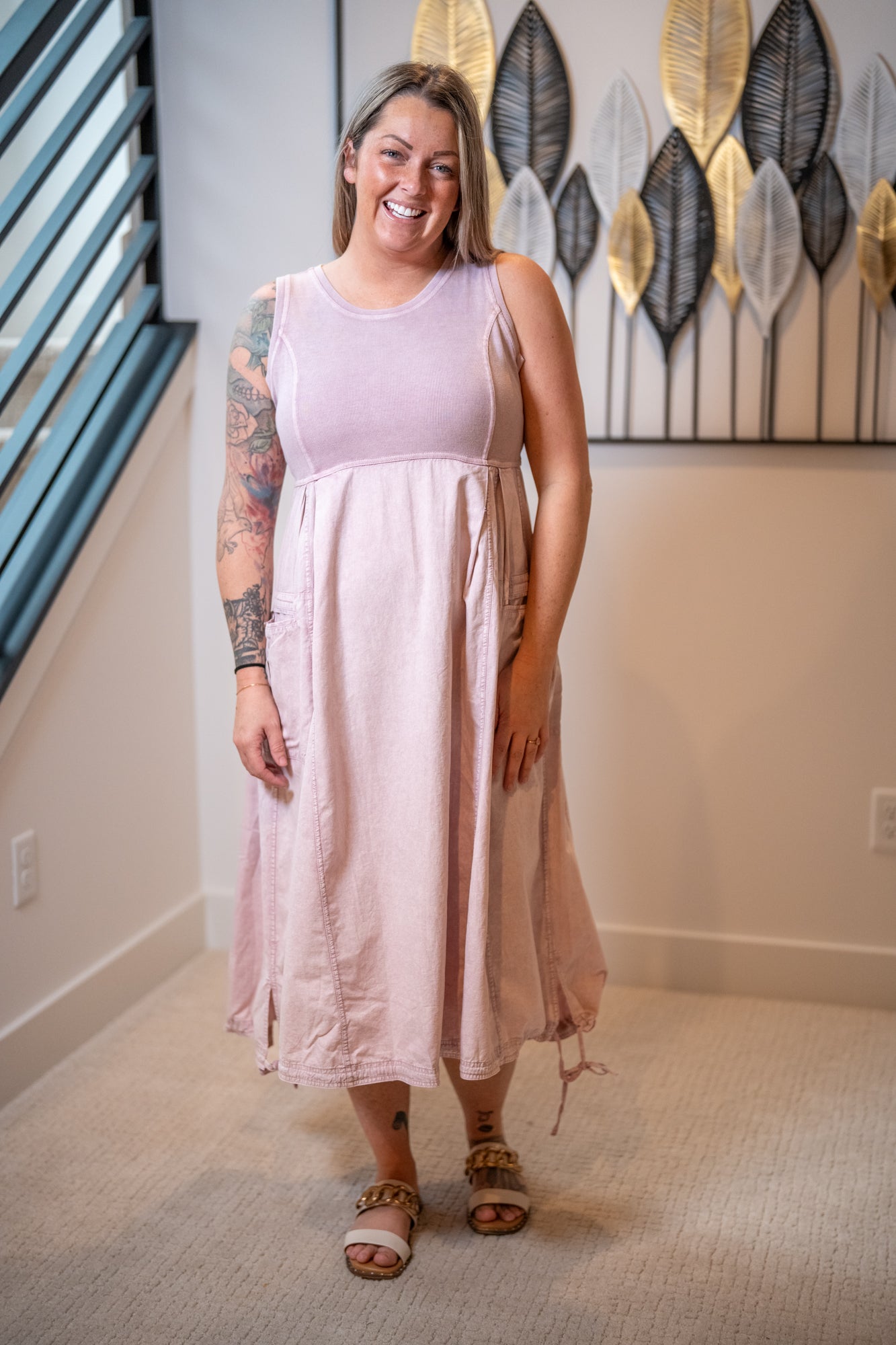 Easel mauve mineral wash maxi dress with ribbed bodice, cargo pockets, and adjustable hem