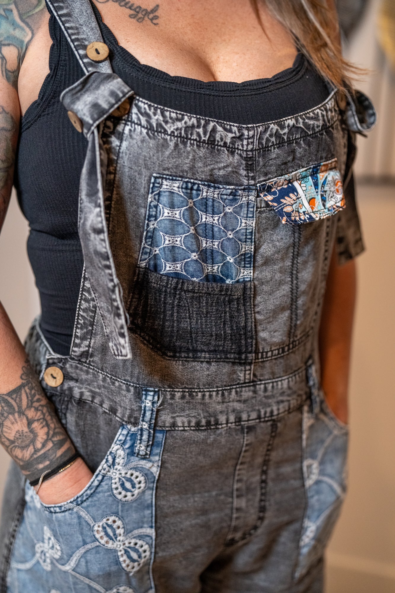 Multi Patch Denim Overalls
