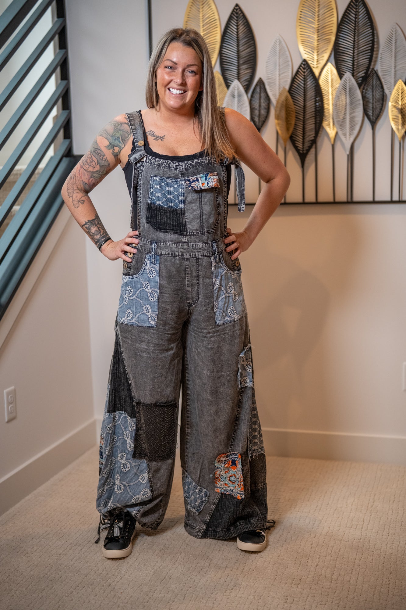 Multi Patch Denim Overalls