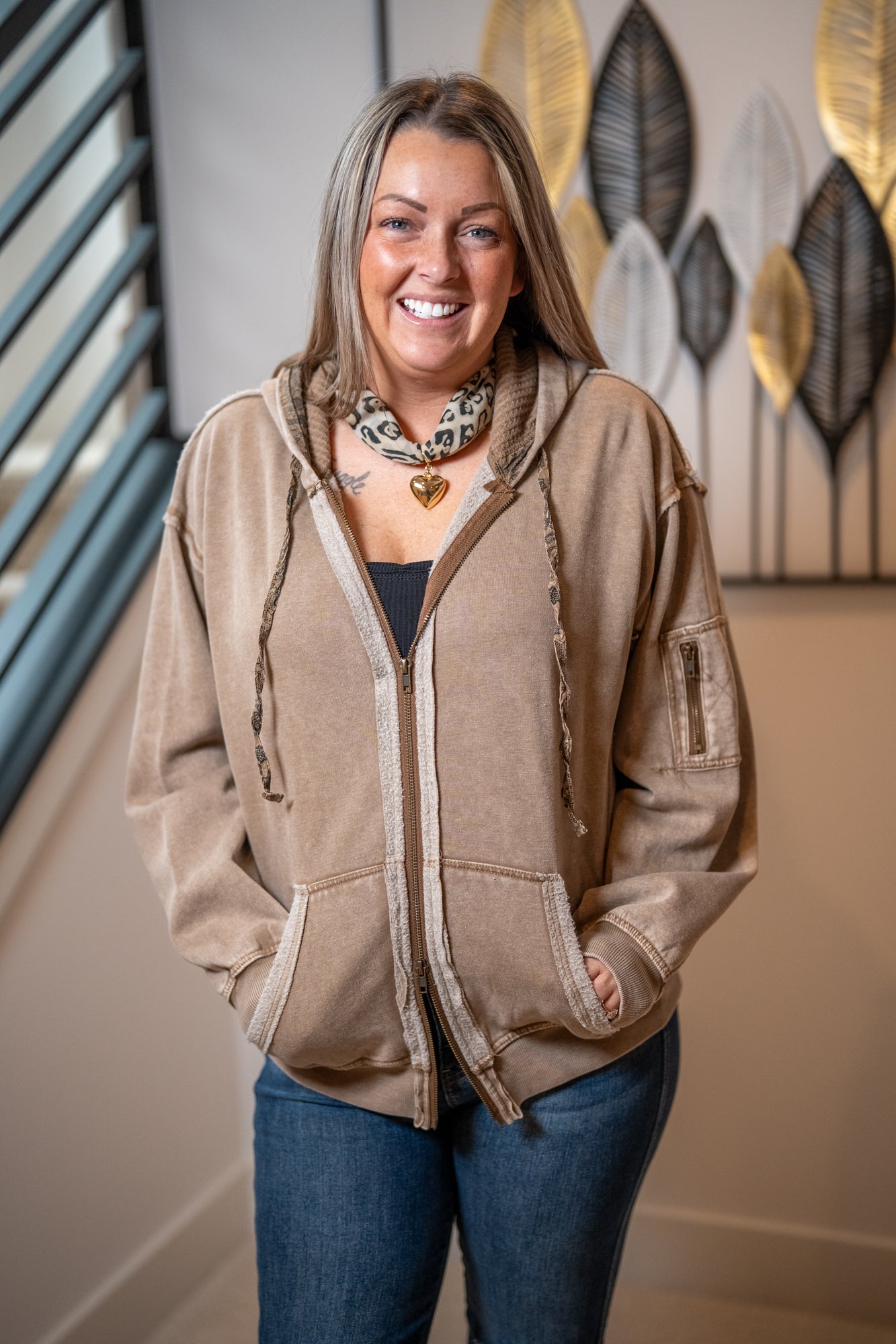 Leopard Print Scarf Necklace with Gold Puffer Heart Pendant
