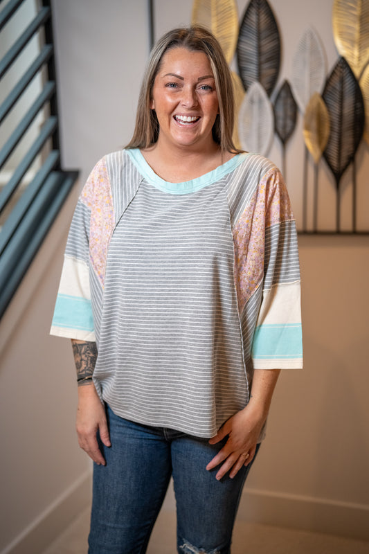 Easel Striped Floral Patchwork Top – Relaxed Boho Tee