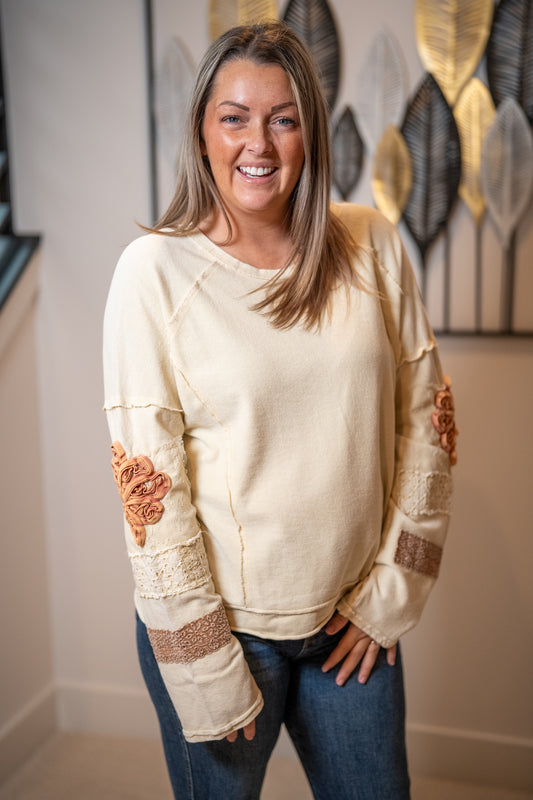 Easel Boho Patchwork Terry Pullover – Mineral Washed Cotton Top