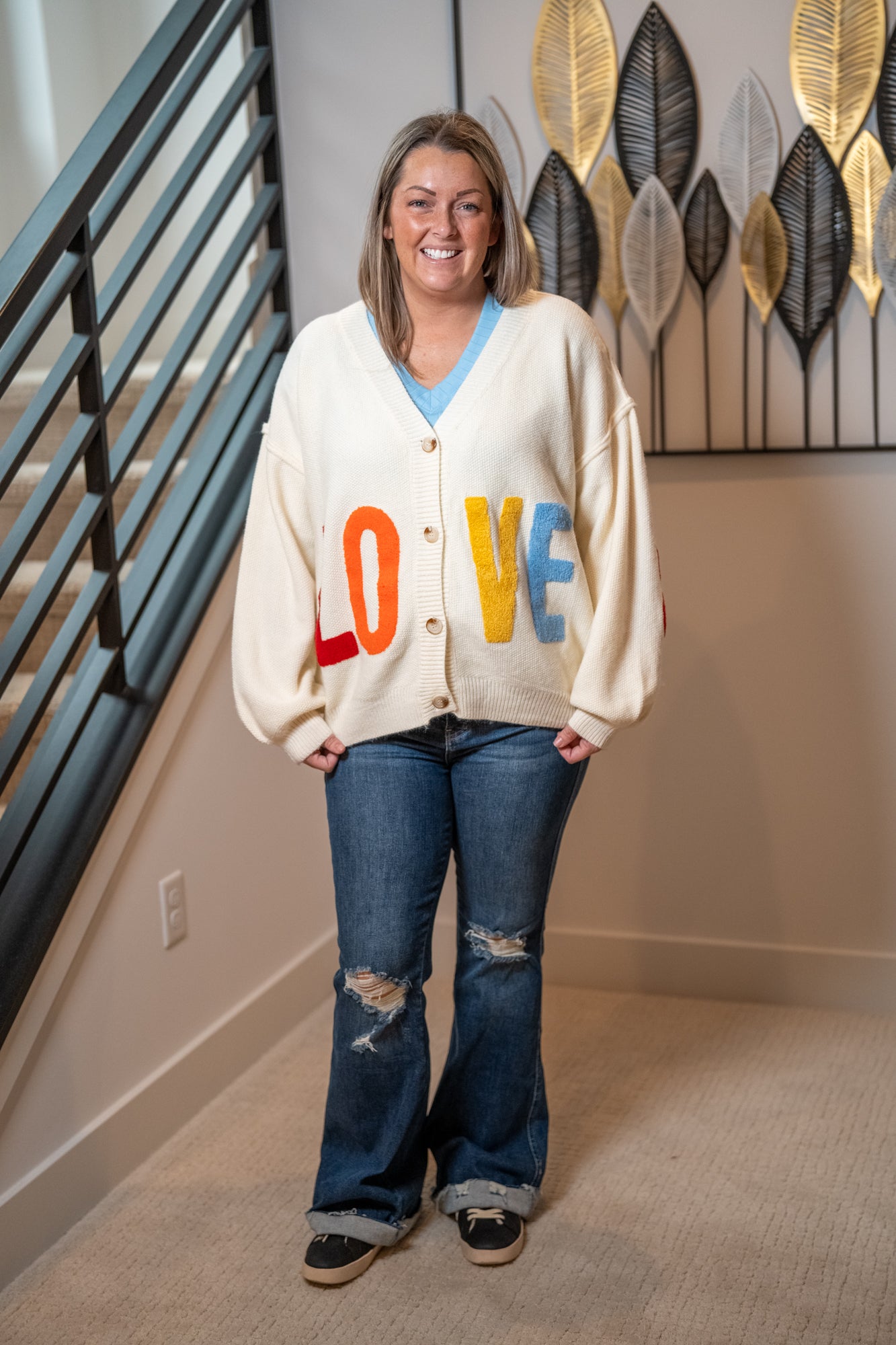 Mello “LOVE” Heart Patchwork V-Neck Cardigan
