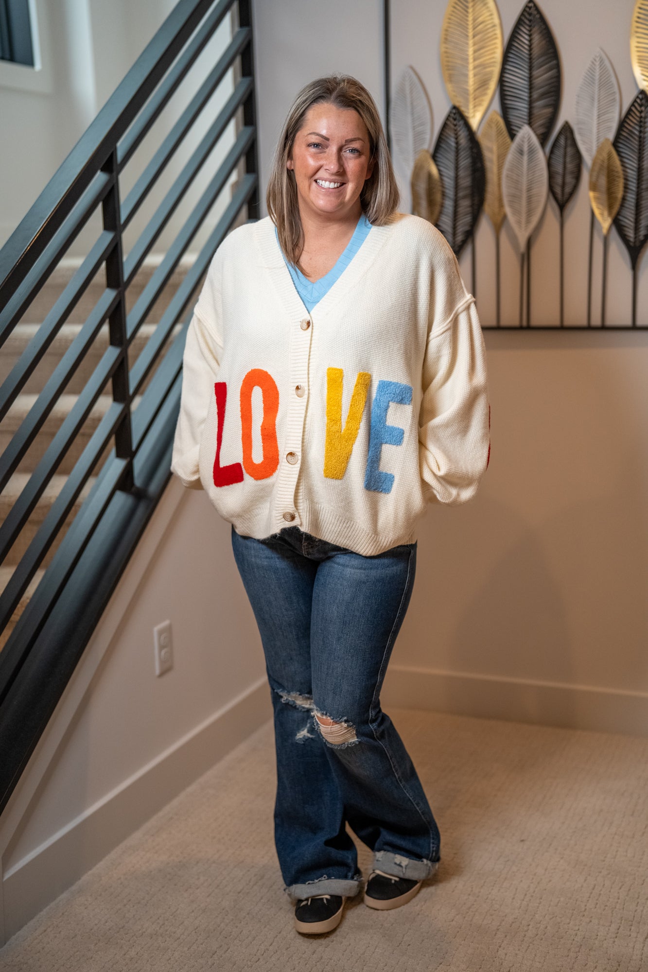 Mello “LOVE” Heart Patchwork V-Neck Cardigan