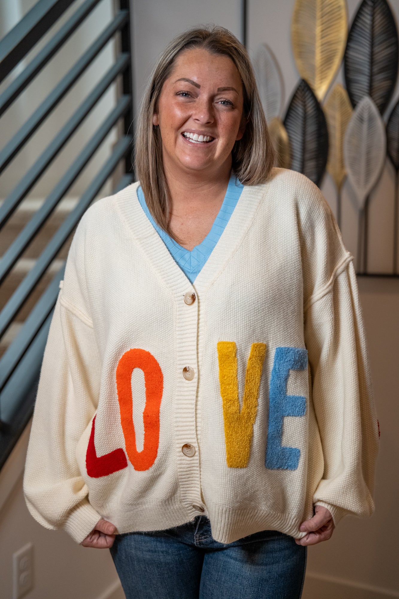 Mello “LOVE” Heart Patchwork V-Neck Cardigan