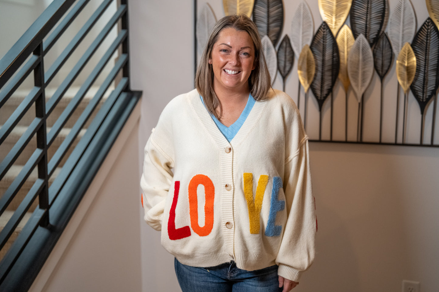 Mello “LOVE” Heart Patchwork V-Neck Cardigan