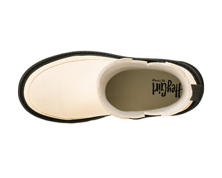 Top view of Corkys Drizzle ivory waterproof ankle boots with pull tab and elastic side panels