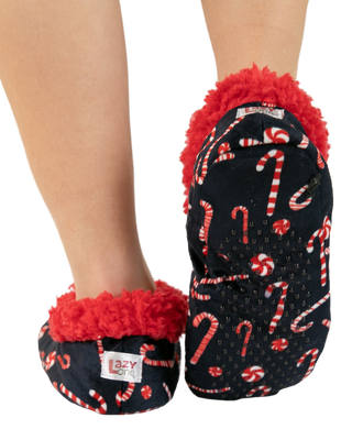 Lazy One black candy cane fuzzy feet slippers with red sherpa trim and grip sole