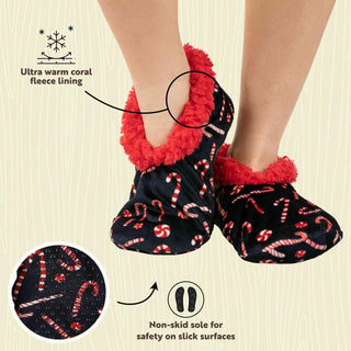 Black candy cane print slipper socks with red coral fleece lining and non-skid sole