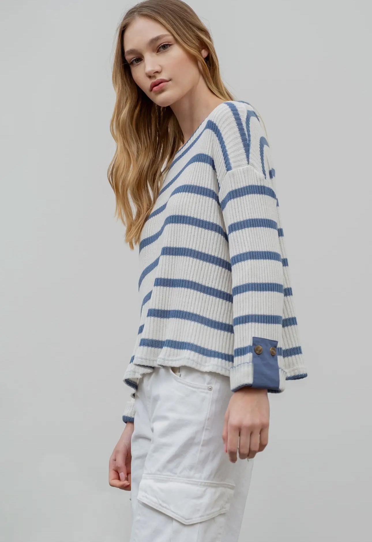 Denim Striped Knit Top 3/4 Sleeve