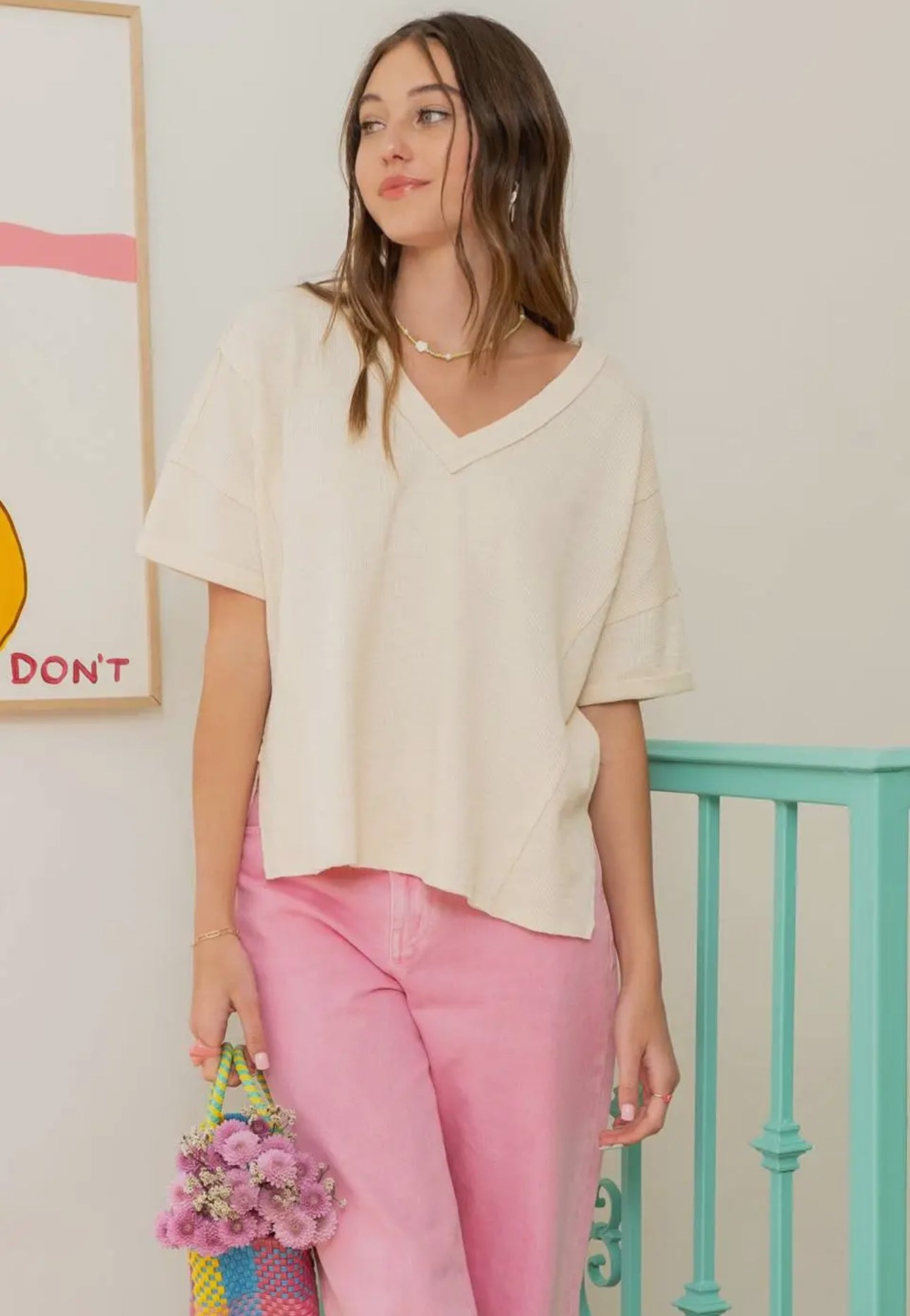 V Neck Knit Top - Raw Edge Side Slit - Cream