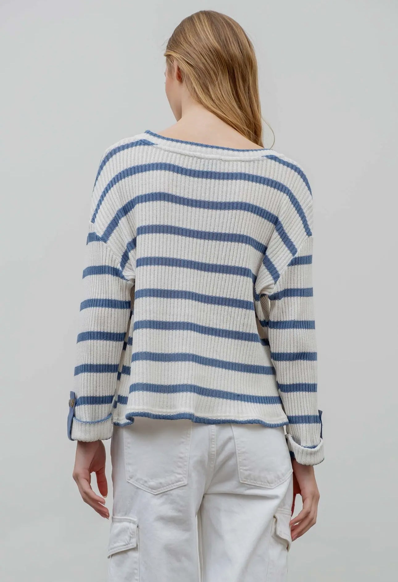 Denim Striped Knit Top 3/4 Sleeve