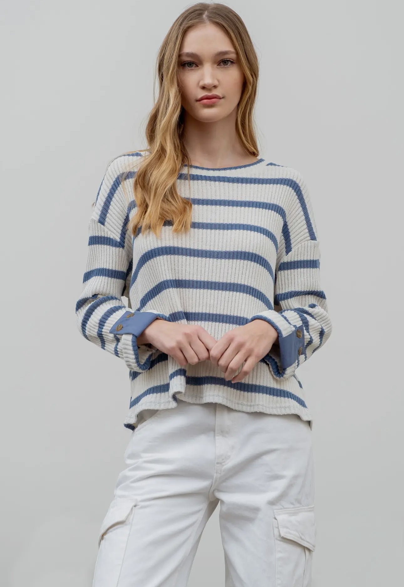 Denim Striped Knit Top 3/4 Sleeve