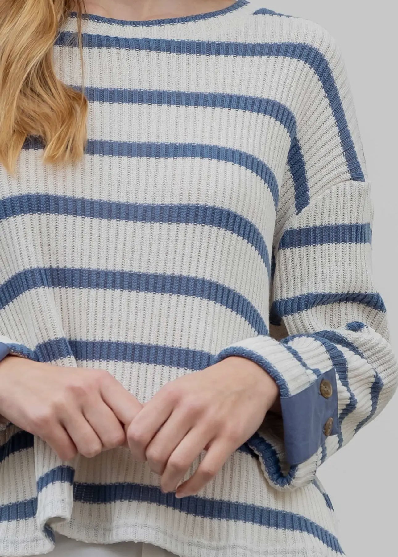 Denim Striped Knit Top 3/4 Sleeve