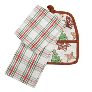 Christmas plaid dish towels and gingerbread cookie potholder gift set