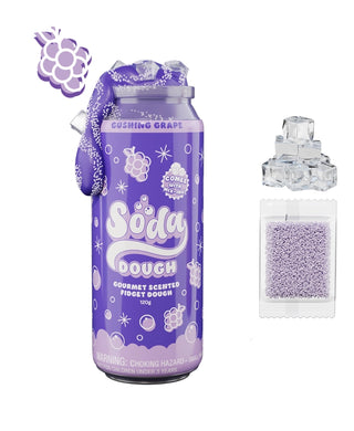 Purple grape-scented fidget dough in soda can with ice cubes and purple bead mix-ins