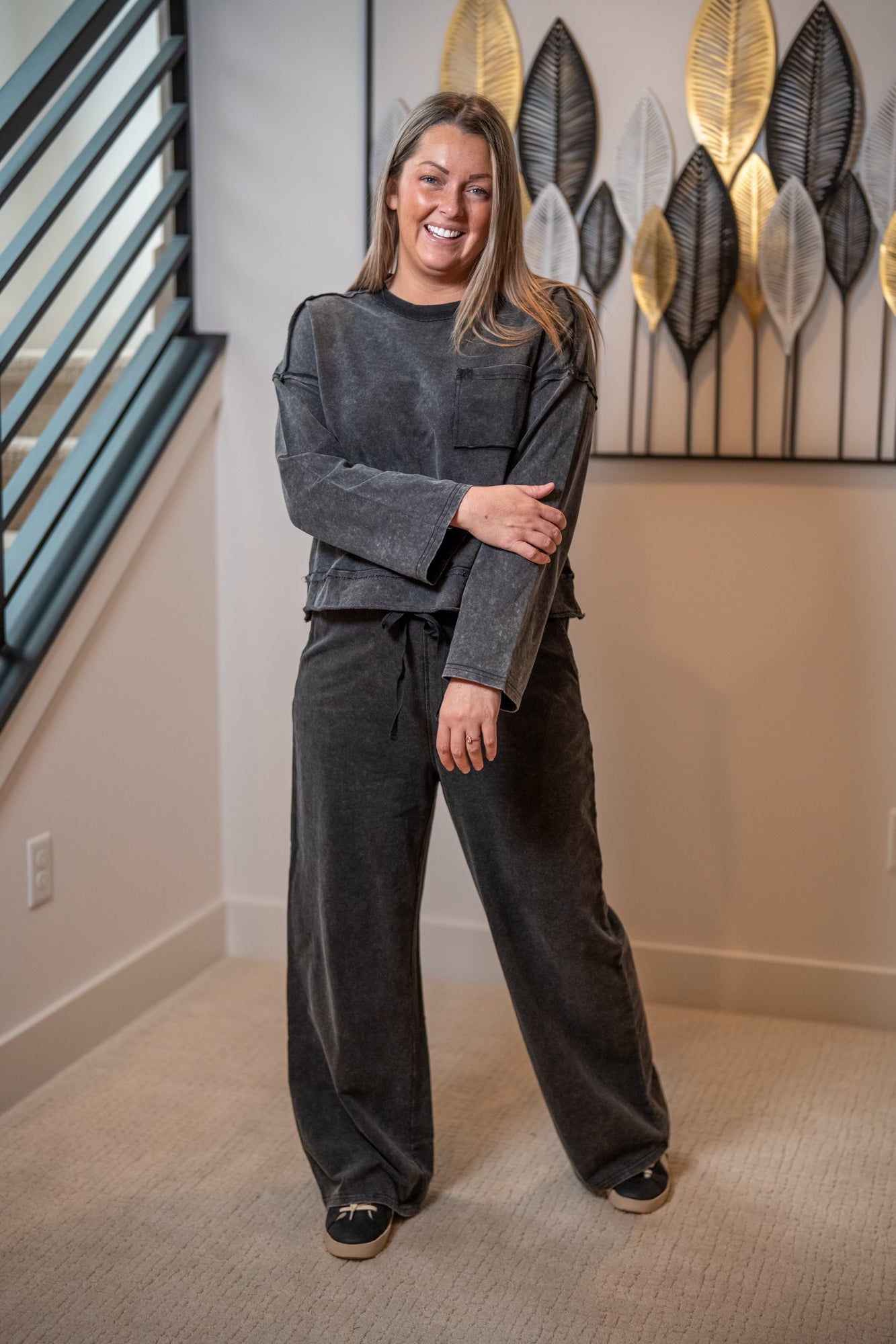 Mineral Washed Casual Knit Top & Pants Set