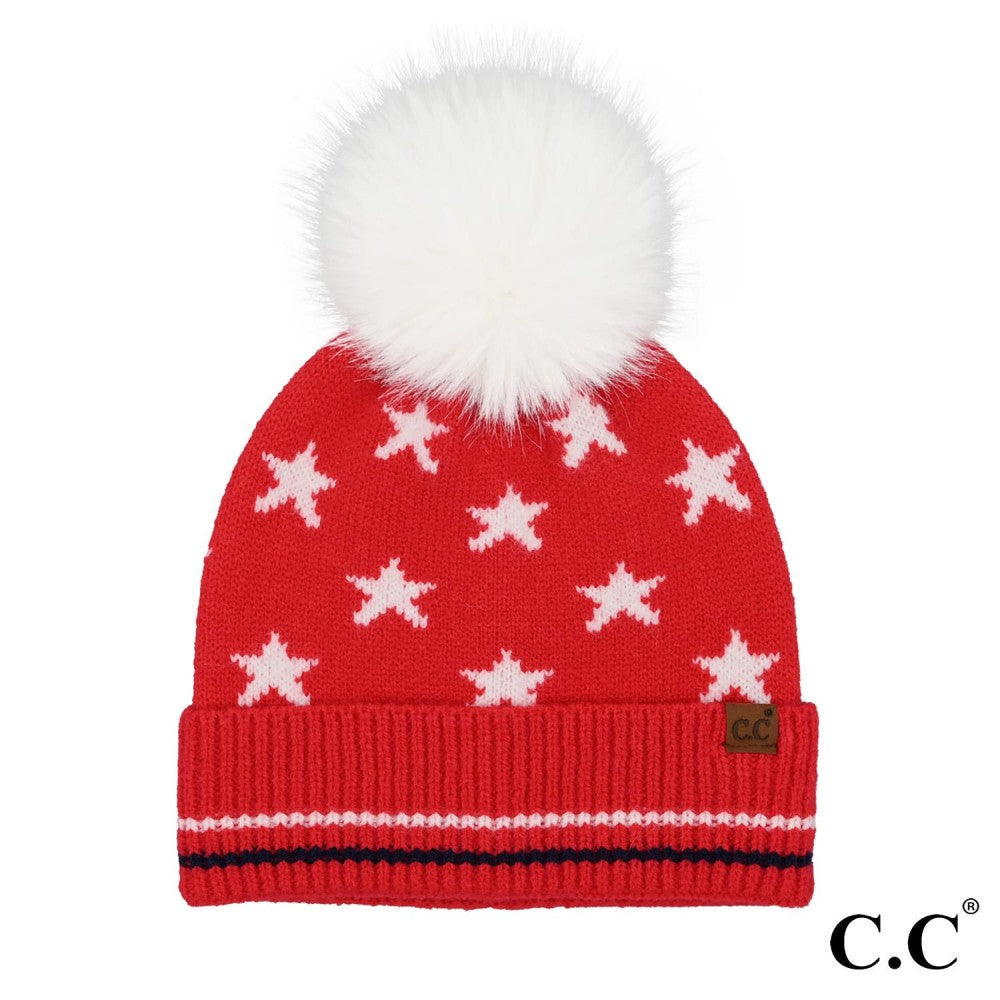 C.C - All Over Star And Stripe Cuff Pom Beanie