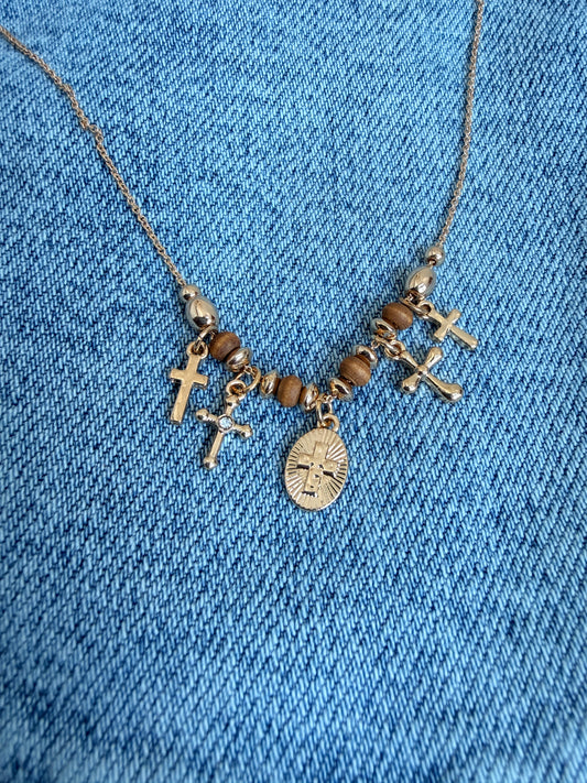 Gold Cross & Wood Multi Charm Necklace