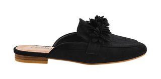 Corkys Just A Sip black suede mule flat with floral pom-pom embellishment
