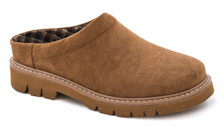 Tan suede slip-on clog with plaid lining and chunky rubber lug sole