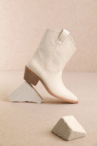 Ivory woven texture western ankle booties with block heel and pointed toe