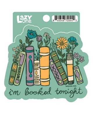 Lazy One Booked Tonight sticker featuring illustrated books with flowers on teal background