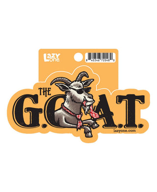 LazyOne The G.O.A.T. sticker featuring a cool goat wearing sunglasses on orange background