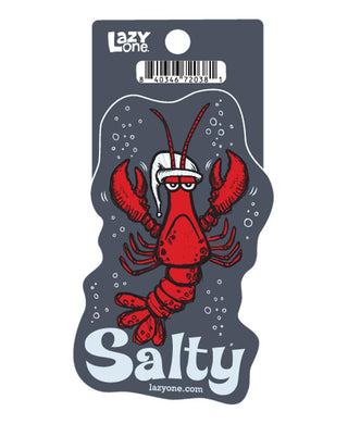 LazyOne Salty sticker featuring a grumpy red lobster wearing a nightcap on dark gray background