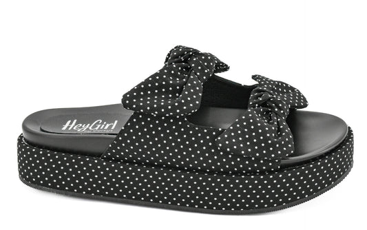 Corkys Lil Bit Knotty black and white polka dot platform slide sandals with bow knot straps
