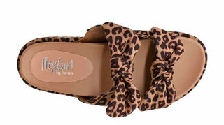 Top view of Corkys Lil Bit Knotty leopard print slide sandals with double bow knot straps