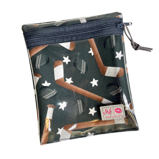 Clear pouch with sports-themed design featuring bats and helmets, branded 'MJS'.