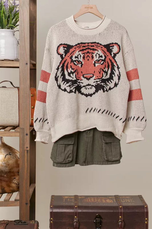 Mello Bold Tiger Knit Sweater – Cream & Coral