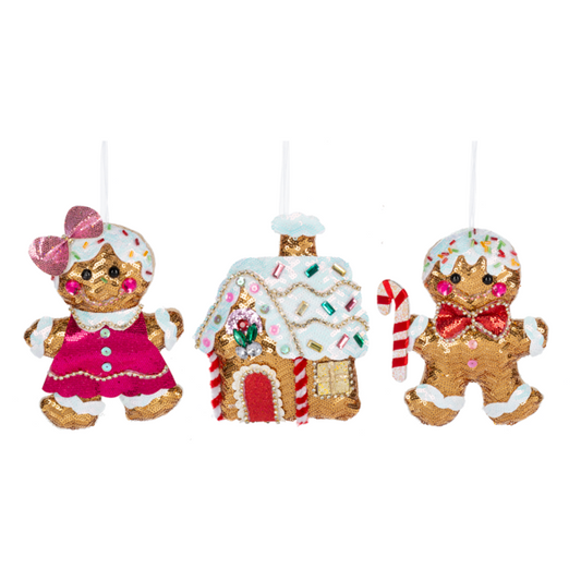ganz Set of three Christmas ornaments shaped like gingerbread people and a house on a white background