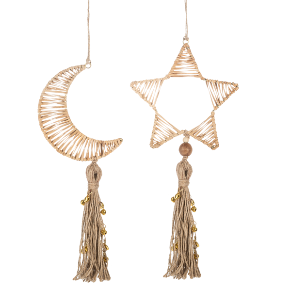 ganz Decorative hanging ornaments shaped like a star and a crescent moon with tassels on a white background.