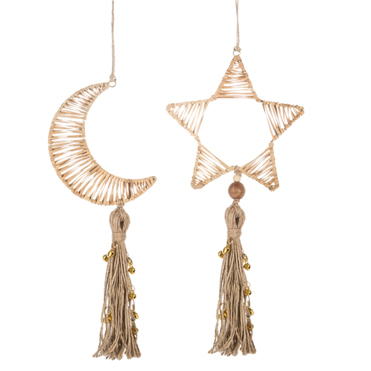 ganz Decorative hanging ornaments shaped like a star and a crescent moon with tassels on a white background.
