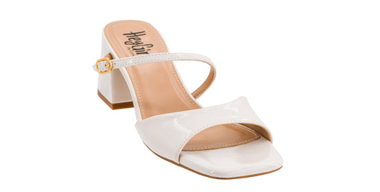 Corkys Ooh La La white patent block heel sandal with square toe and adjustable instep strap
