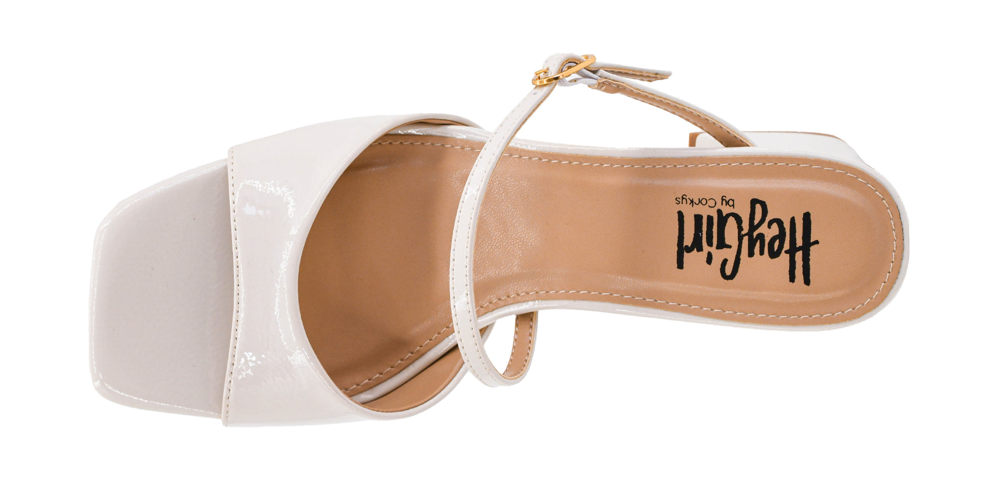 Top view of Corkys Ooh La La white patent square toe sandal with adjustable strap across the top of the foot